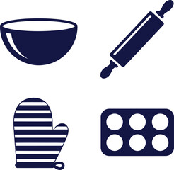 Baking Preparation Icons Mixing Bowl, Rolling Pin, Oven Mitt, Muffin Tray