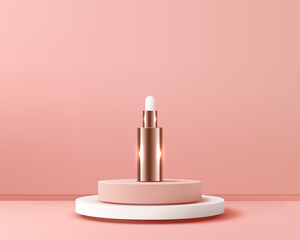 Luxury rose gold cosmetic serum dropper bottle mockup displayed elegantly on a stylish dual pink and white pedestal, perfect for premium beauty product advertising and branding