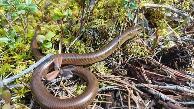 Legless copperhead lizard. Brittle slowworm in the natural environment.

