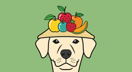A cute dog with a straw hat topped with colorful fruits conveying a fun and playful vibe