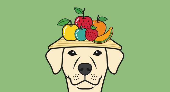 A cute dog with a straw hat topped with colorful fruits conveying a fun and playful vibe