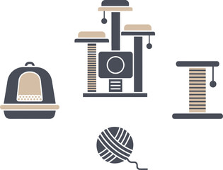 Cat Care Icons Cat Tree, Litter Box, Scratching Post, Ball of Yarn