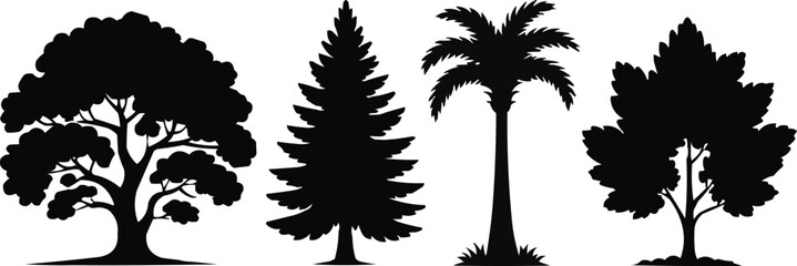 Black Tree Silhouettes Collection  Four Distinct Nature Elements in a Row