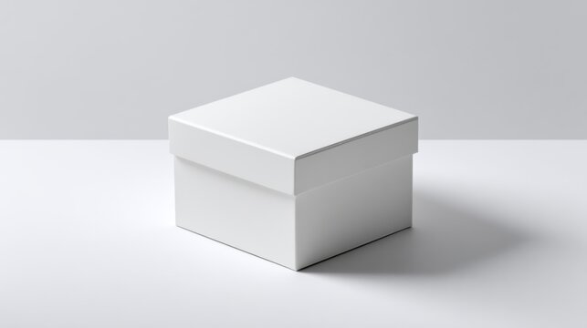 Closed white square box with a lid sits on a white surface against a neutral background