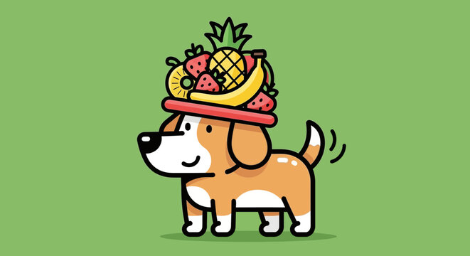 Playful illustration of a happy dog wearing a vibrant fruit hat on green background