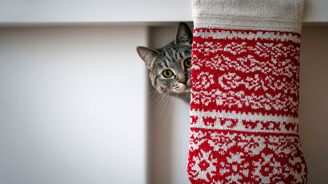 Curious tabby cat peeking out from behind red and white Christmas stocking in cozy festive home setting