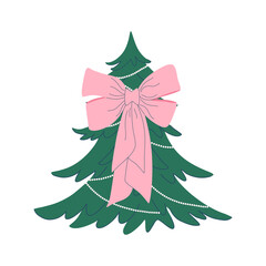 Christmas tree decorated with big pink bow. Holiday coniferous tree isolated on white background. Festive Winter design element. Traditional symbol. Flat design vector illustration.
