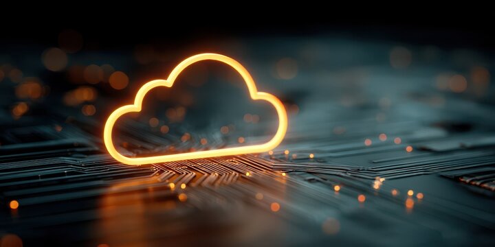 Glowing cloud icon on a dark circuit board representing cloud computing, data storage, and modern technology solutions