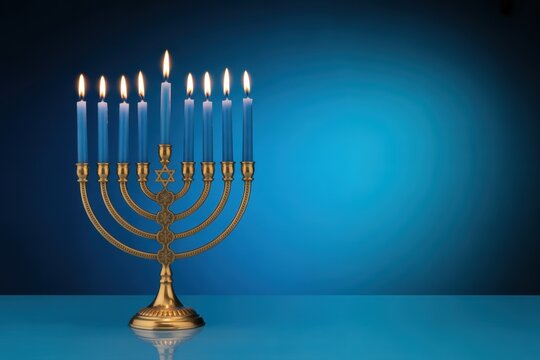 A hanukkah menorah with blue candles lit against a blue background in a studio setting