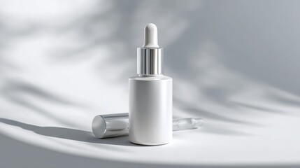 White bottle with silver cap and dropper lies on a white surface casting shadows