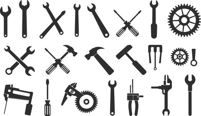 Mechanical tool silhouette set, wrench, screwdriver, hammer, gear, caliper, DIY icon collection, engineering tools, flat vector illustration