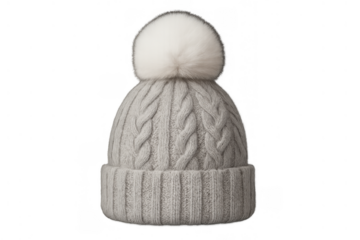 Warm grey cable knit beanie hat with big white pom-pom, knitted wool cap for winter fashion and cold weather