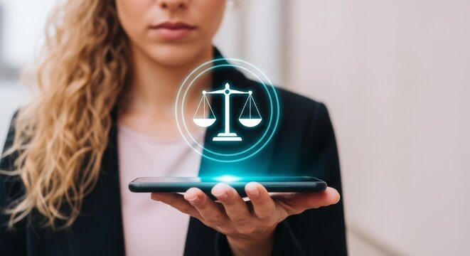 Businesswoman holding smartphone with legal scales graphic display  