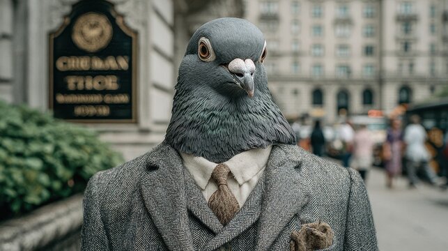 A pigeon with a tweed suit and tie strikes a pose, adding a touch of whimsy to the urban environment, showcasing the unexpected charm and character