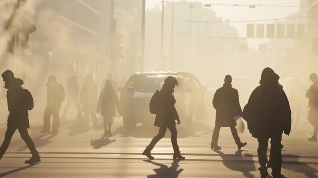 Air pollution concept video. People walking on the street of a city with polluted air.
