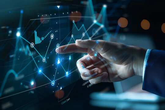Close up of a businessman s hand pointing at a glowing futuristic digital stock market graph with data points and lines on a dark background symbolizing financial growth and technology