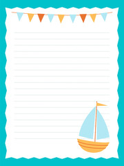 A cute page template for notes featuring a small boat and a garland of flags. Perfect for notebooks, journals, and diaries.