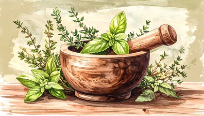 Watercolor illustration of herbs and a mortar and pestle