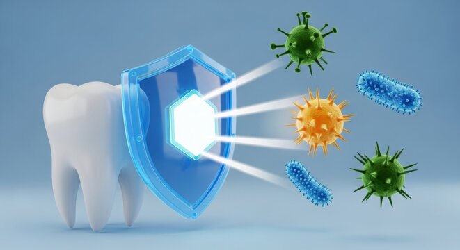 Tooth surrounded by shield protecting against germs and bacteria  