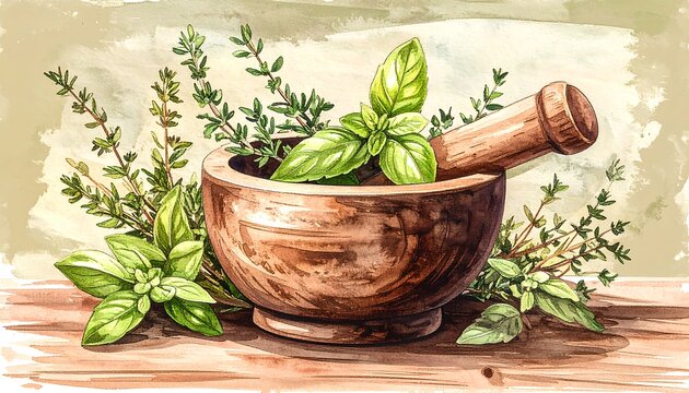 Watercolor illustration of herbs and a mortar and pestle