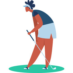 Woman Golfer Preparing To Putt On Green Grass With Golf Club Sporty Casual Outfit Dark Blue Top Light Blue Skirt Visor And Ponytail Hairstyle With Neutral Background