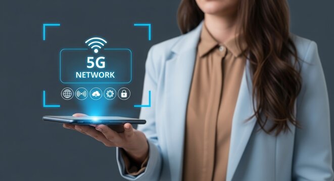 Woman holding smartphone displaying 5G network interface  