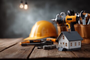 Home improvement tools and a miniature house on a wooden table with a construction helmet and tool belt in a workshop setting