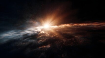 Naklejka premium Radiant cosmic nebula with bright central light source and swirling stellar clouds representing space explo n and discovery