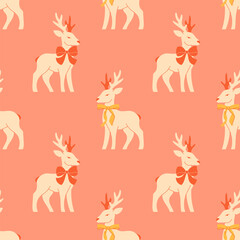 Seamless pattern with cute reindeer with bows. Vector illustration