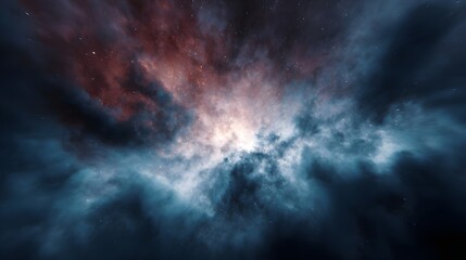 Fototapeta premium Vibrant nebula with glowing core and swirling cosmic dust illuminated by starlight in deep space