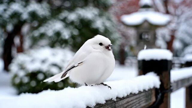 A snowy park in Sapporo, an albino long-tailed tit bird perched on a branch, serene winter atmosphere