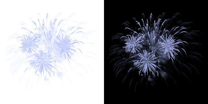 Two light purple fireworks exploding against black background, illustration