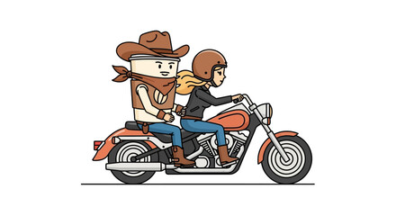 Coffee Cowboy and Biker Girl ride Motorcycle, a humorous cartoon character graphic design