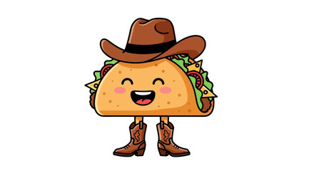 Humorous illustration of a taco wearing a cowboy hat and boots on a white background