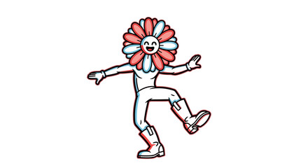 Playful flower character illustration expressing joy and movement in a minimalistic style
