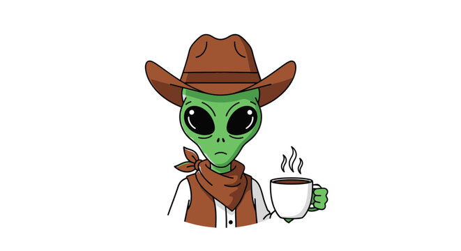 An adorable alien character wearing a cowboy hat and drinking a steaming mug