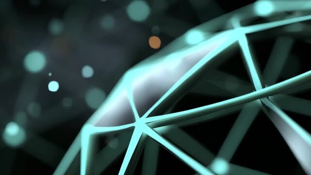 A close-up view of a glowing cyan multifaceted lattice structure against a dark background with soft out-of-focus lights