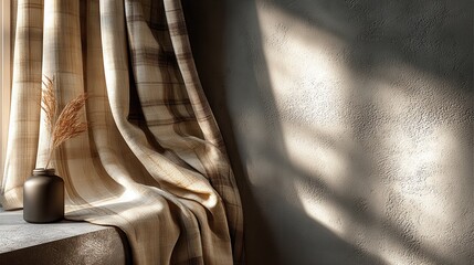 Warm sunlight on textured curtains and wall. Black vase adds contrast. Inviting scene with light and shadow play