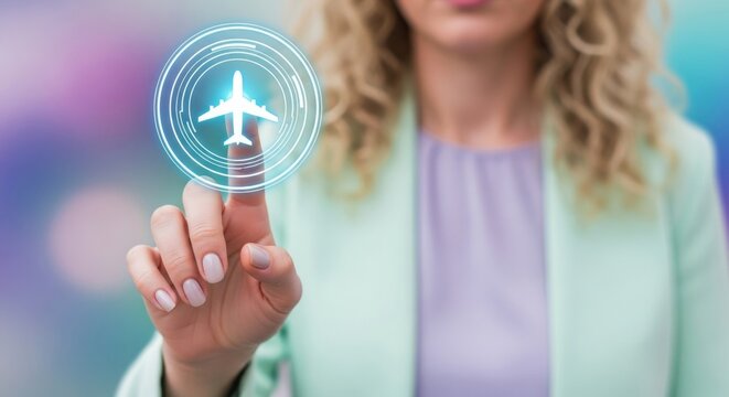 Businesswoman touching digital airplane icon on futuristic background
