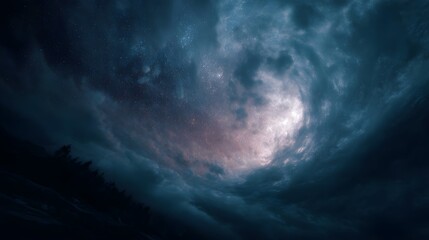 Fototapeta premium Dramatic stormy sky with swirling clouds and cosmic stars forming a celestial vortex