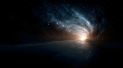 Fototapeta premium A bright light emanates from the end of a swirling cosmic tunnel with stars and cosmic dust creating a dramatic vortex