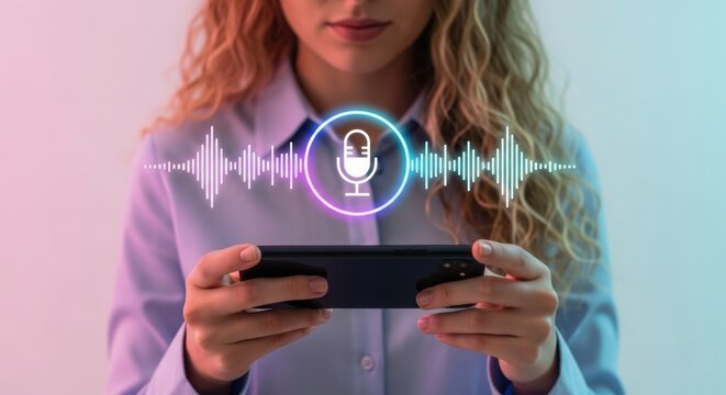 Young woman using smartphone to record audio with voice waves  