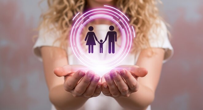 Woman holding glowing symbol of partnership with pink background  