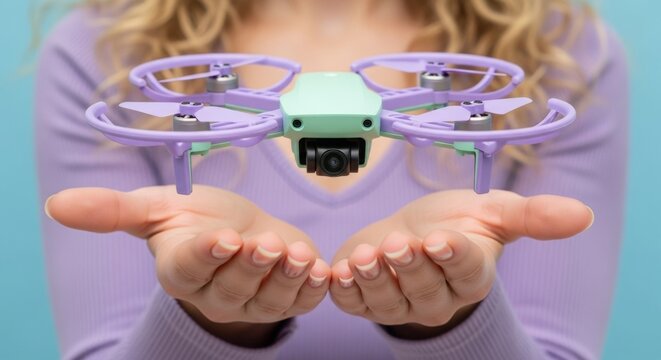 Woman holding a drone in her hands with a colorful background  