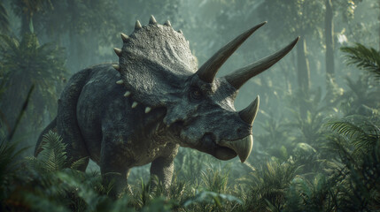 AI-generated realistic illustration of a Triceratops dinosaur standing in a dense prehistoric jungle, surrounded by lush green vegetation and soft natural light, perfect for educational or scientific