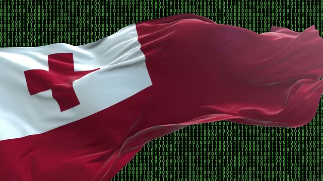 Tonga flag - Waving flag on matrix binary code background