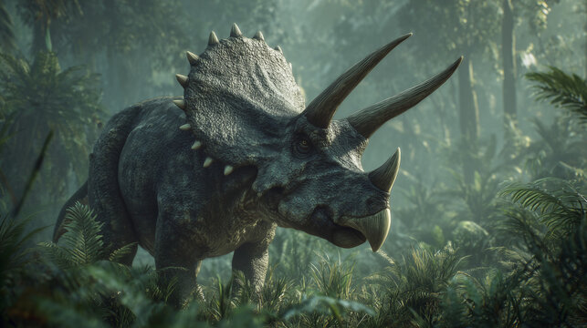 AI-generated realistic illustration of a Triceratops dinosaur standing in a dense prehistoric jungle, surrounded by lush green vegetation and soft natural light, perfect for educational or scientific 