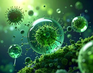 Microscopic view of green virus-like spheres in bioluminescent environment