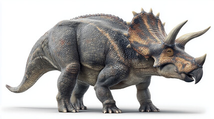 Fototapeta premium AI-generated realistic illustration of a Triceratops dinosaur standing on a white background, showing detailed texture of skin, horns, and frill for educational and scientific purposes.
