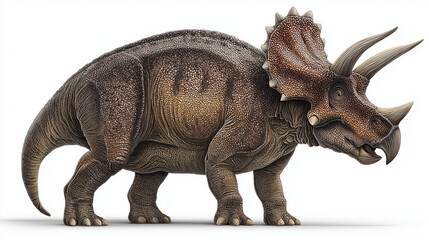 Fototapeta premium AI-generated realistic illustration of a Triceratops dinosaur standing on a white background, showing detailed texture of skin, horns, and frill for educational and scientific purposes.